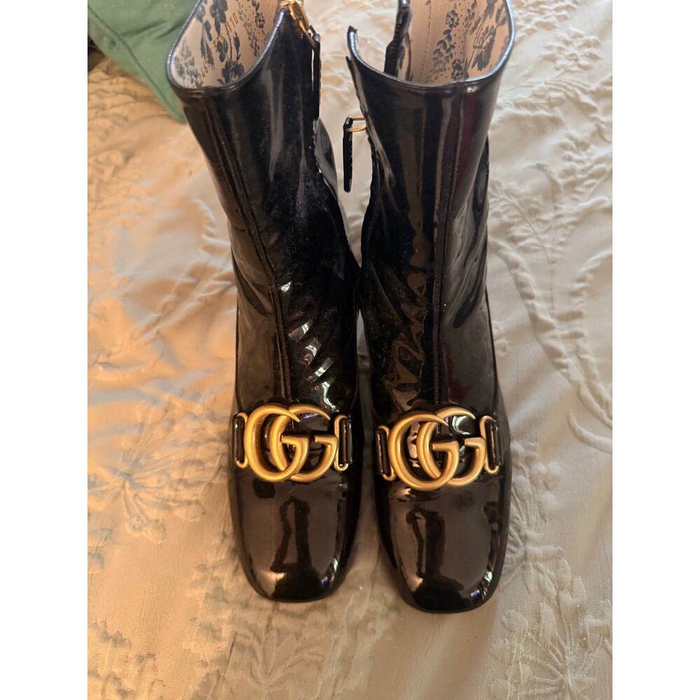 Gucci Black Patent Leather Heel Boots with Gold Double G Hardware